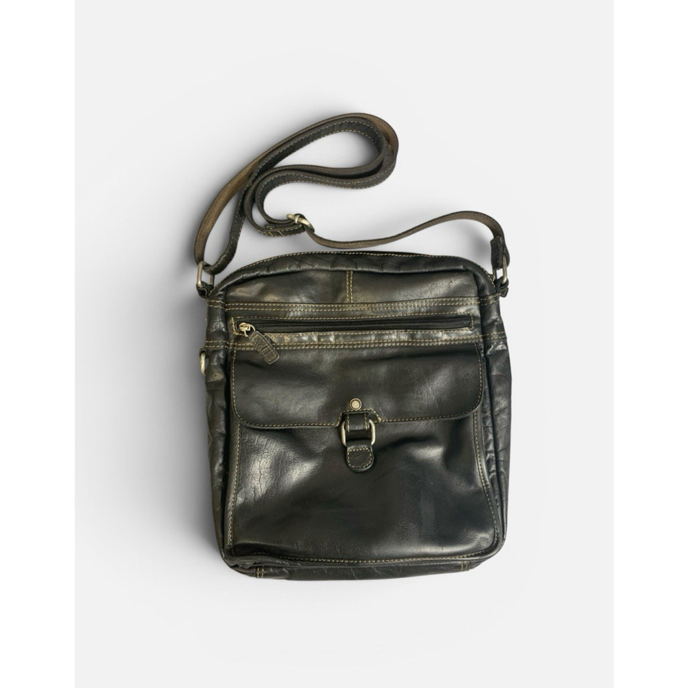 Jack Georges Voyager Crossbody Bag Black Leather Flap Zip Pockets Mens 7205